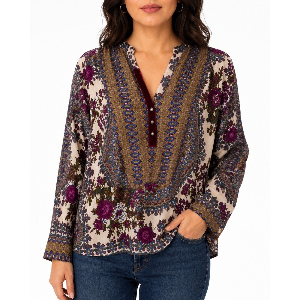 Soft Surroundings Womens Boho Floral Paisley Tunic Blouse 100% Rayon L